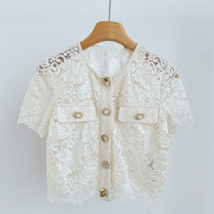 Everly Pearl Embellished Short Sleeve Lace Top - ALLARA