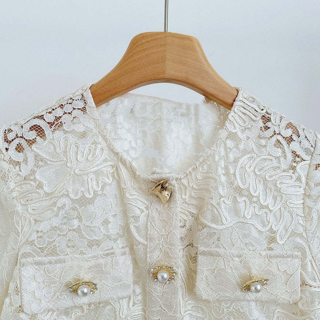 Everly Pearl Embellished Short Sleeve Lace Top - ALLARA