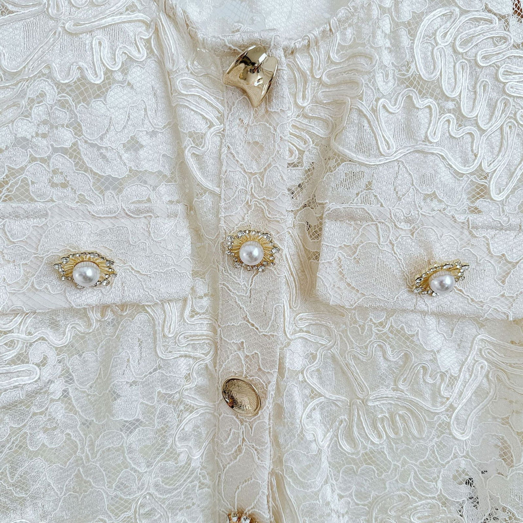 Everly Pearl Embellished Short Sleeve Lace Top - ALLARA