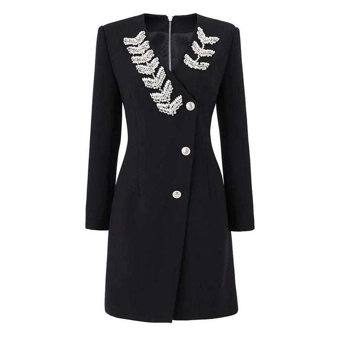 Farah Black Crystal V-Neck Blazer Dress - ALLARA