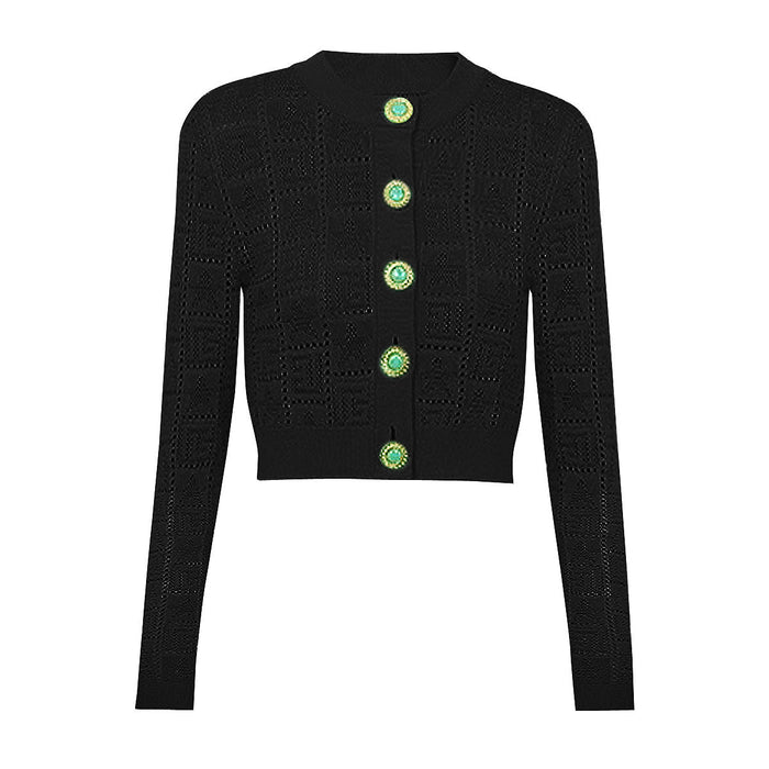 Fiorella Black Gem Button Cropped Knit Cardigan - ALLARA