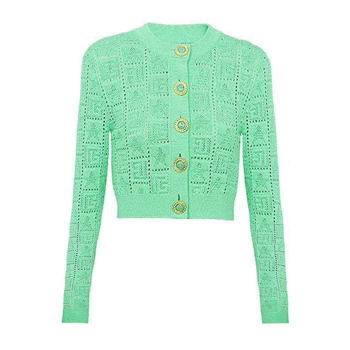 Fiorella Green Gem Button Cropped Knit Cardigan - ALLARA