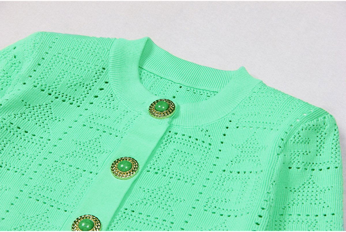 Fiorella Green Gem Button Cropped Knit Cardigan - ALLARA