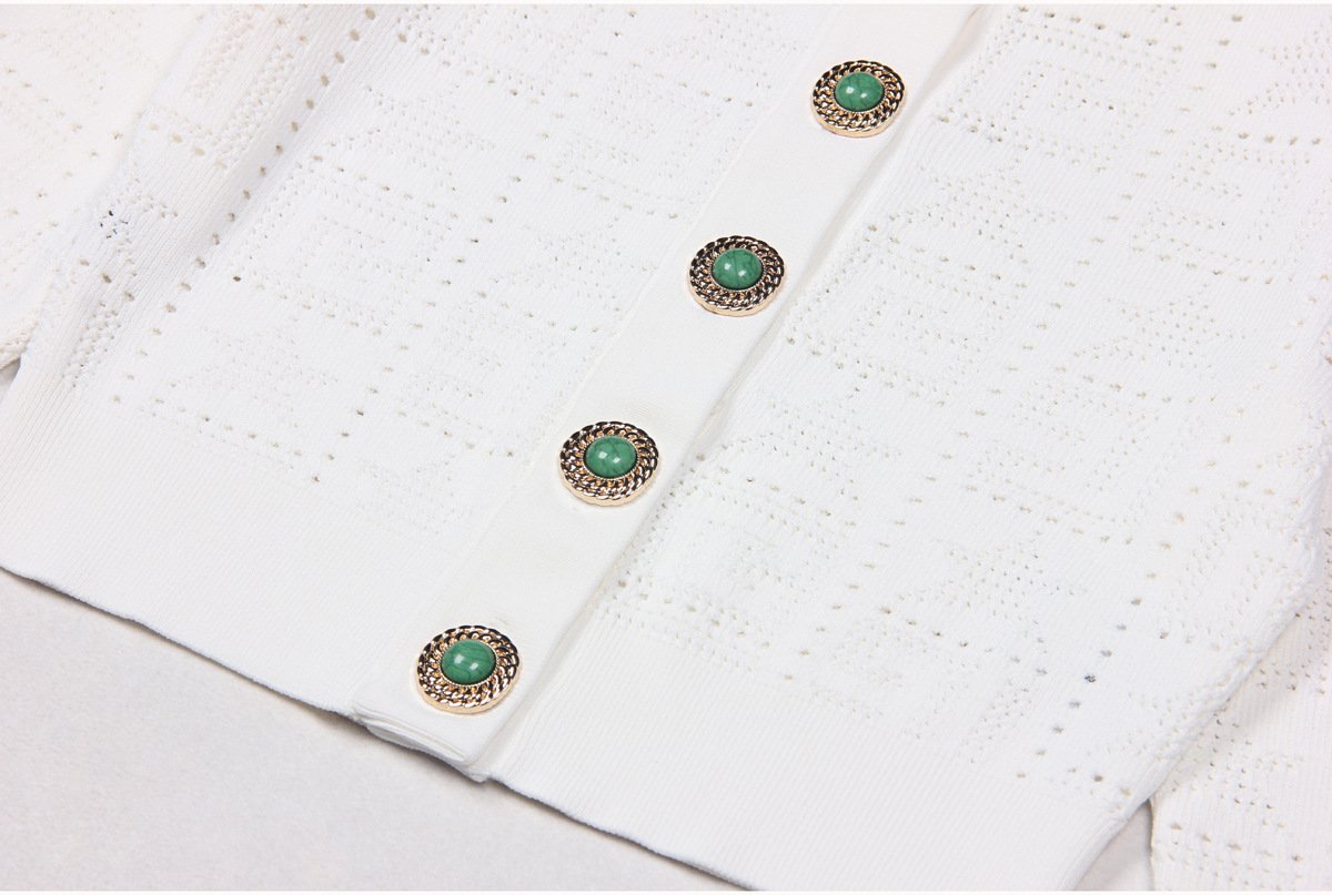 Fiorella Green Gem Button Cropped Knit Cardigan - ALLARA