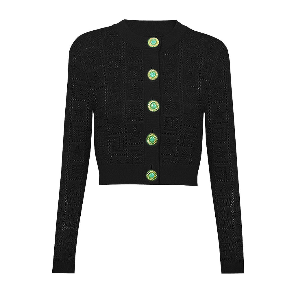 Fiorella Green Gem Button Cropped Knit Cardigan - ALLARA