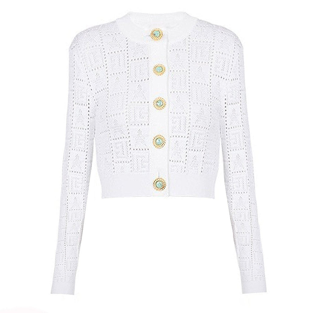 Fiorella White Gem Button Cropped Knit Cardigan - ALLARA