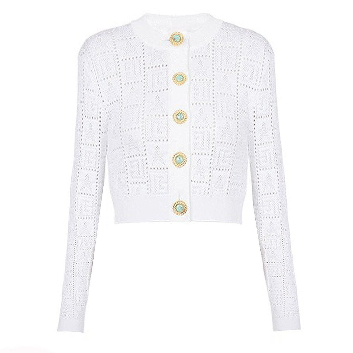 Fiorella White Gem Button Cropped Knit Cardigan - ALLARA