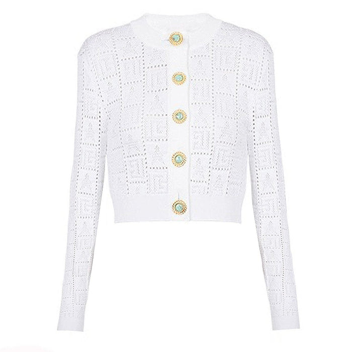 Fiorella White Gem Button Cropped Knit Cardigan - ALLARA