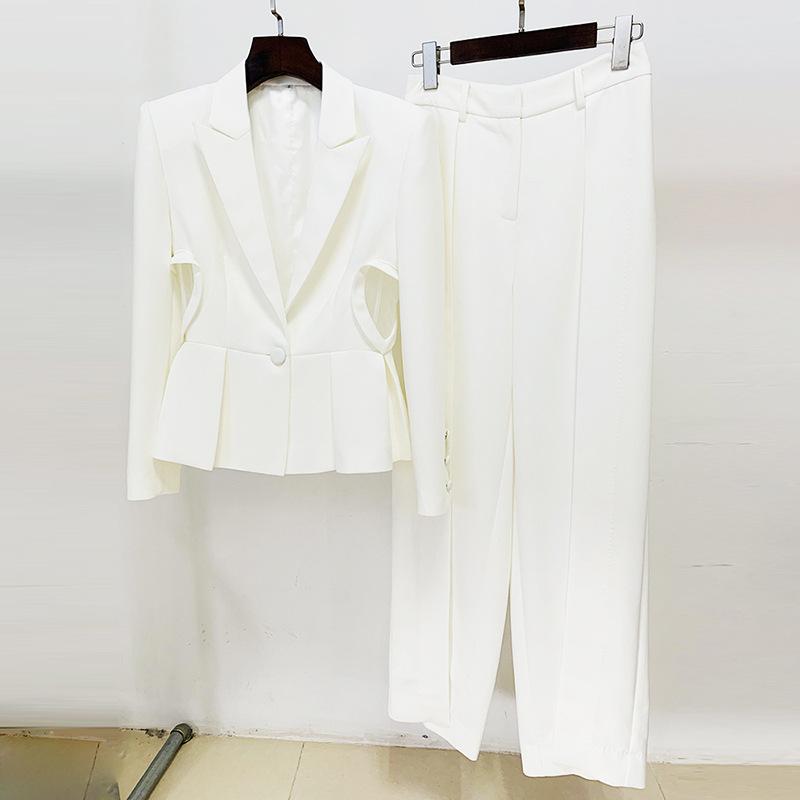 Fleur White Heart Cut Out Blazer & Pant Two Piece Set - ALLARA
