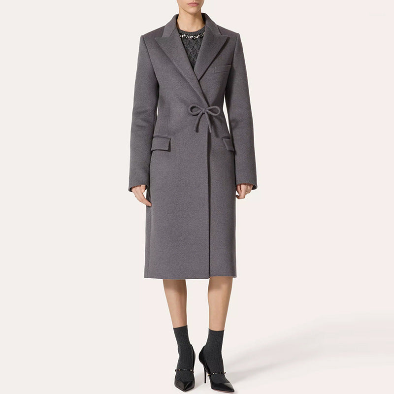 Freya Grey Bow Tie Wool Coat - ALLARA
