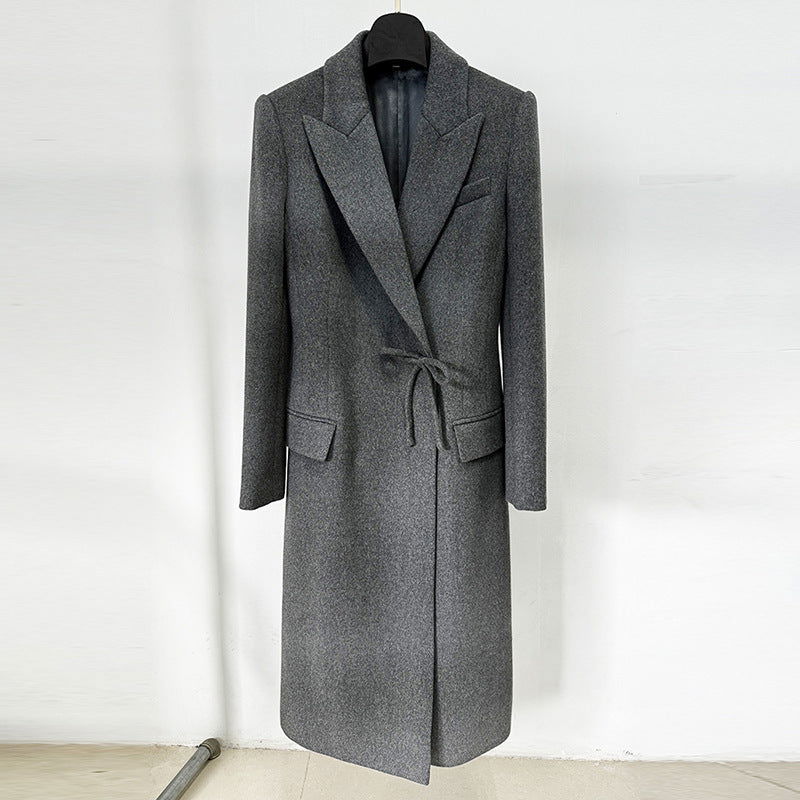 Freya Grey Bow Tie Wool Coat - ALLARA