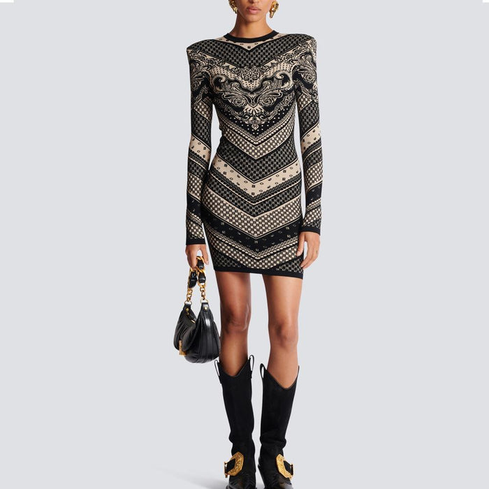 Gracelyn Black Pattern Long Sleeve Mini Dress - ALLARA