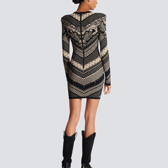 Gracelyn Black Pattern Long Sleeve Mini Dress - ALLARA