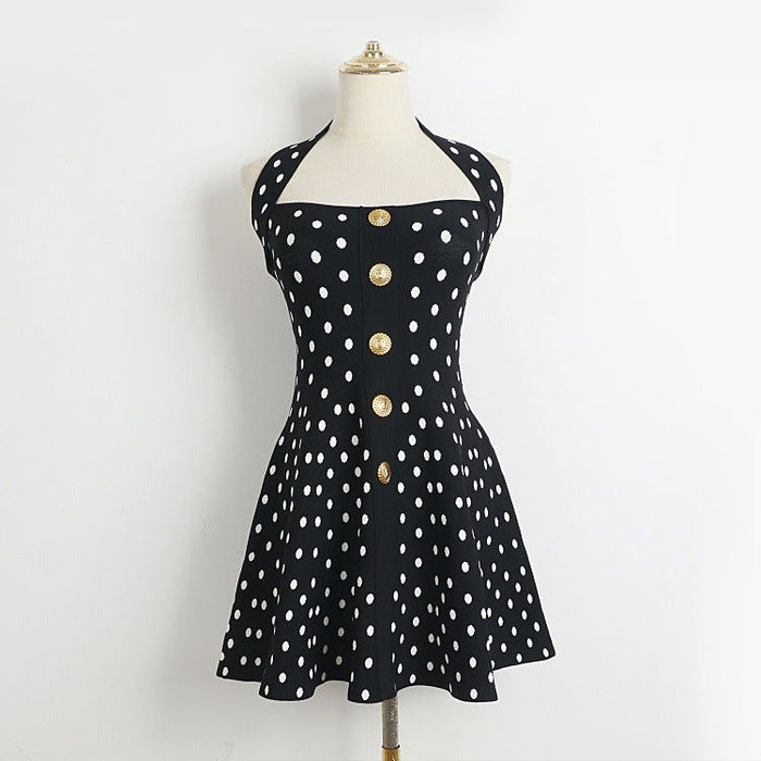 Gwendolyn Black Polka Dot Halter Mini Dress - ALLARA