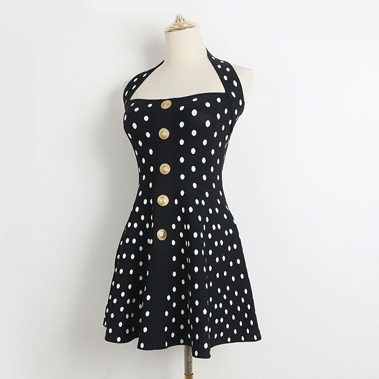 Gwendolyn Black Polka Dot Halter Mini Dress - ALLARA