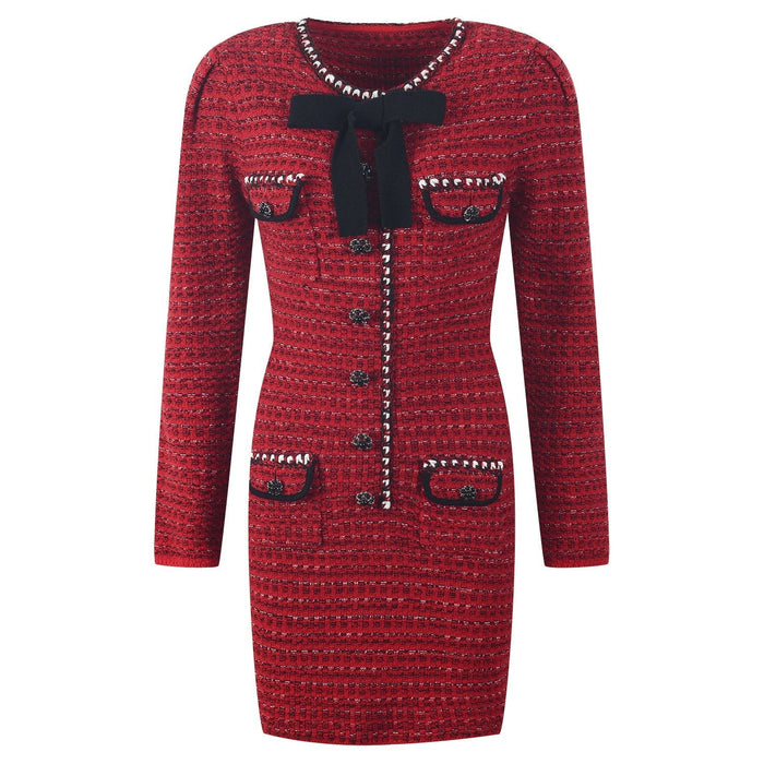 Hadley Red Tweed Velvet Bow Mini Dress - ALLARA