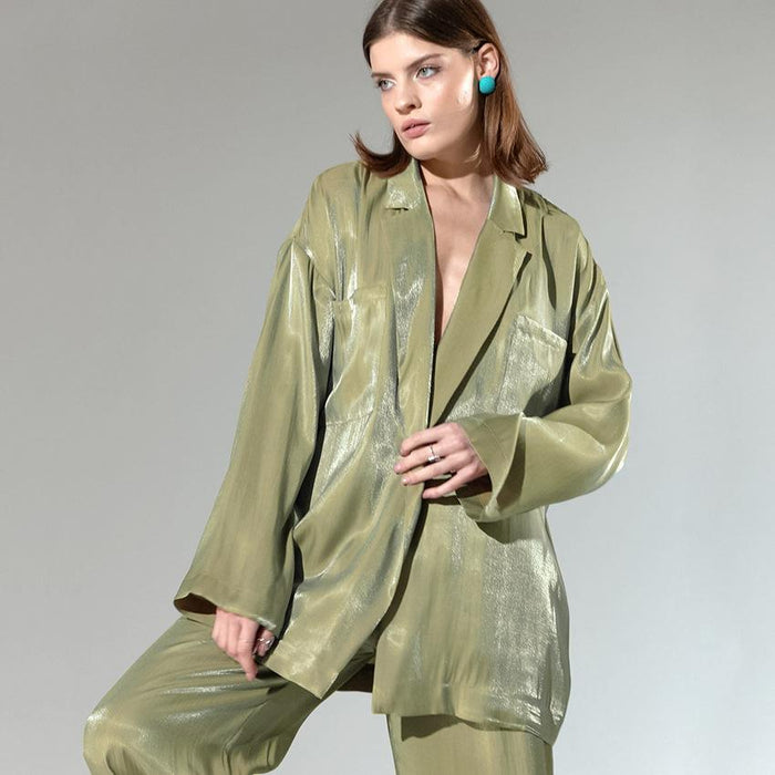 Heather Green Belted Shirt and Pant Two Piece Set - ALLARA