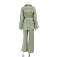 Heather Green Belted Shirt and Pant Two Piece Set - ALLARA