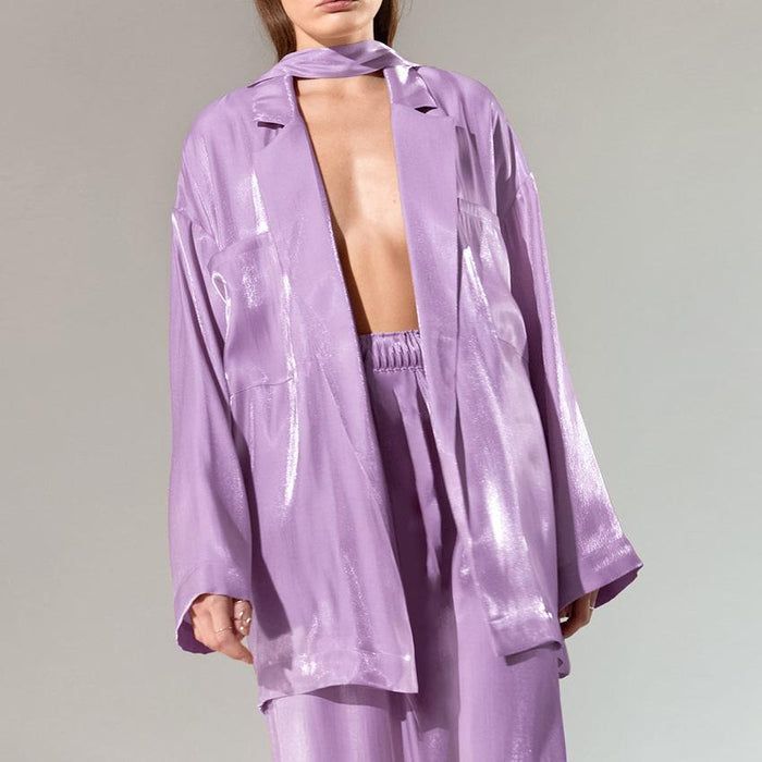 Heather Purple Belted Shirt and Pant Two Piece Set - ALLARA