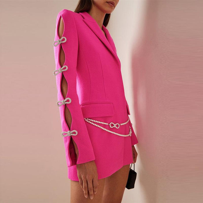 Holly Pink Oversized Blazer with Rhinestone Bowtie and Pearl Chain - ALLARA