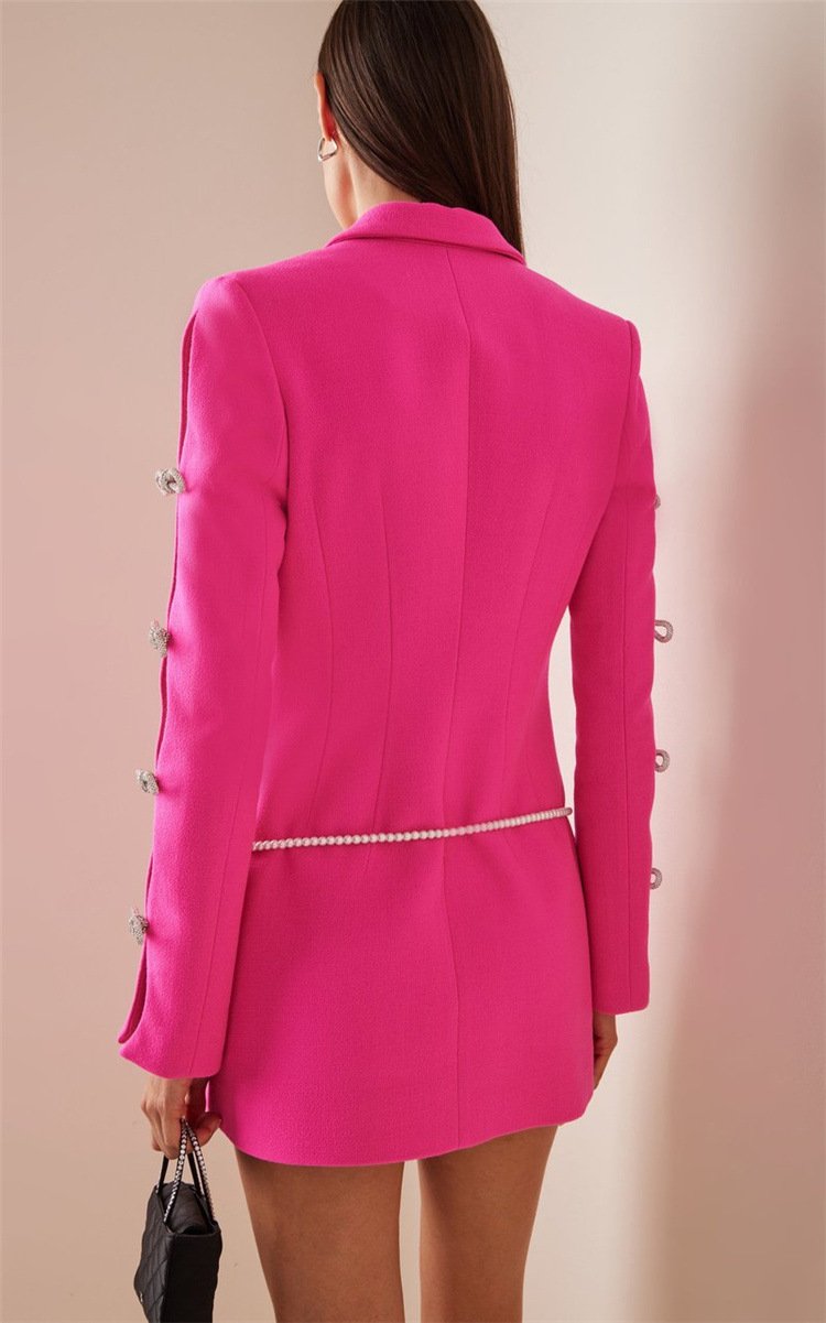 Holly Pink Oversized Blazer with Rhinestone Bowtie and Pearl Chain - ALLARA
