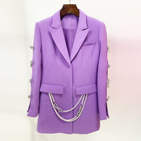 Holly Purple Oversized Blazer with Rhinestone Bowtie and Pearl Chain - ALLARA