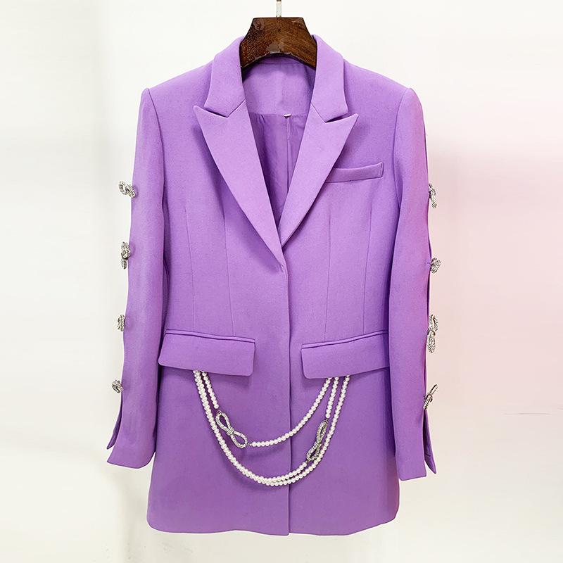 Holly Purple Oversized Blazer with Rhinestone Bowtie and Pearl Chain - ALLARA