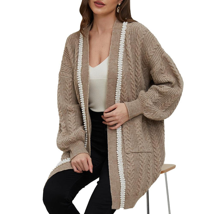 Jasmine Camel Pearl Trimmed Knit Cardigan - ALLARA