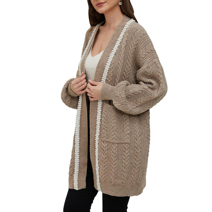 Jasmine Camel Pearl Trimmed Knit Cardigan - ALLARA