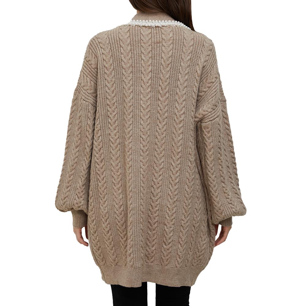 Jasmine Camel Pearl Trimmed Knit Cardigan - ALLARA