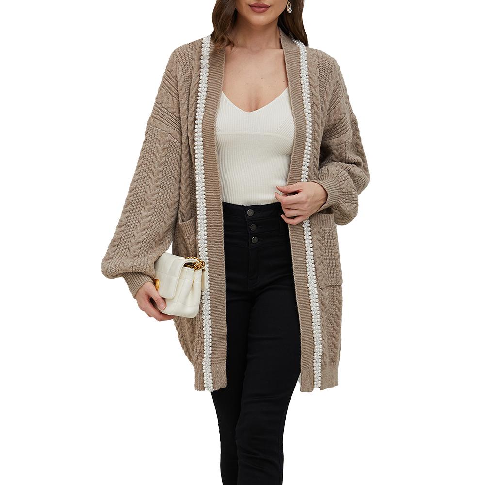 Jasmine Camel Pearl Trimmed Knit Cardigan - ALLARA