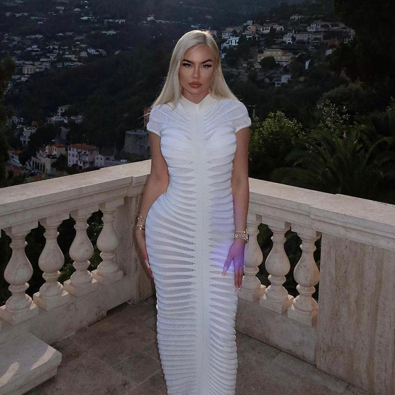 Jessenia White Ruched Long Knit Dress - ALLARA