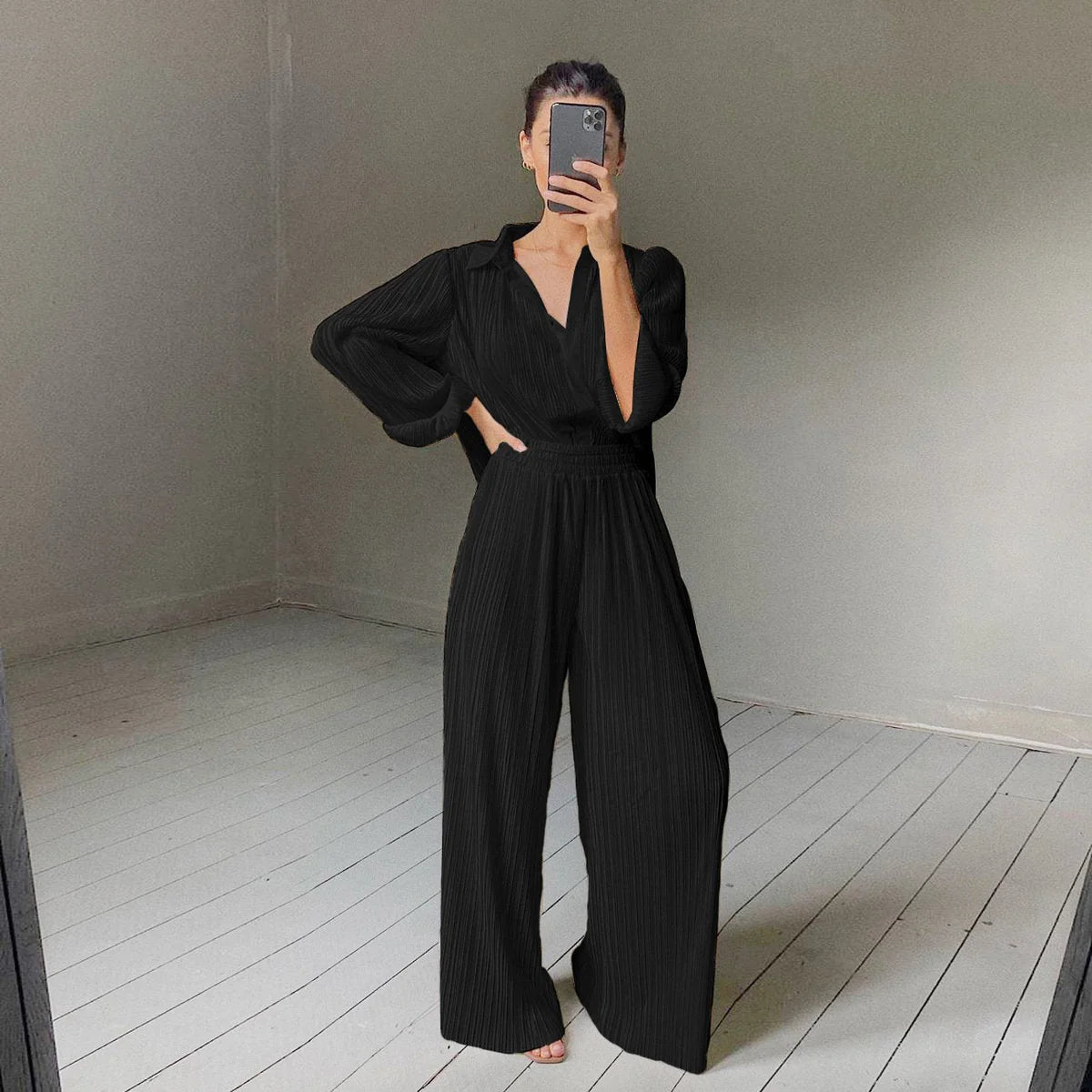 Jessie Textured Blouse and Wide-Leg Pant Set