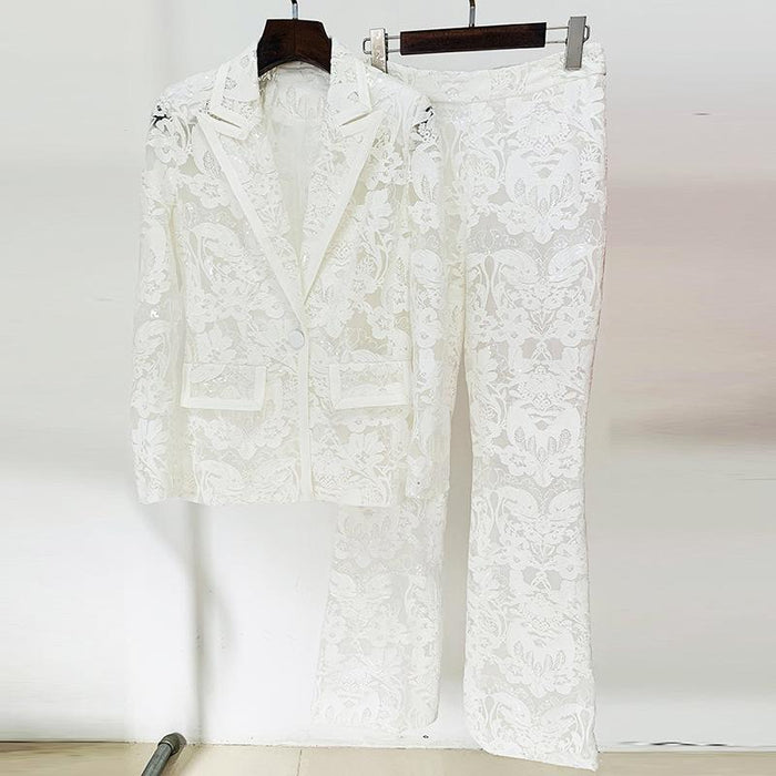 Keira White Lace Blazer and Pant Two Piece Set - ALLARA