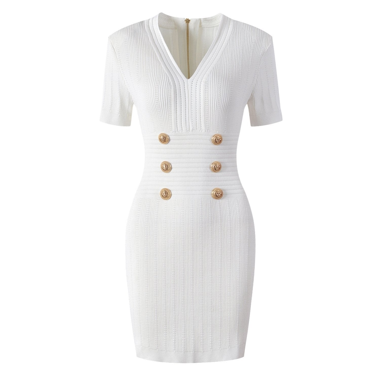 Knit Ribbed V-Neck Slim-Fit Short-Sleeved Dress - ALLARA