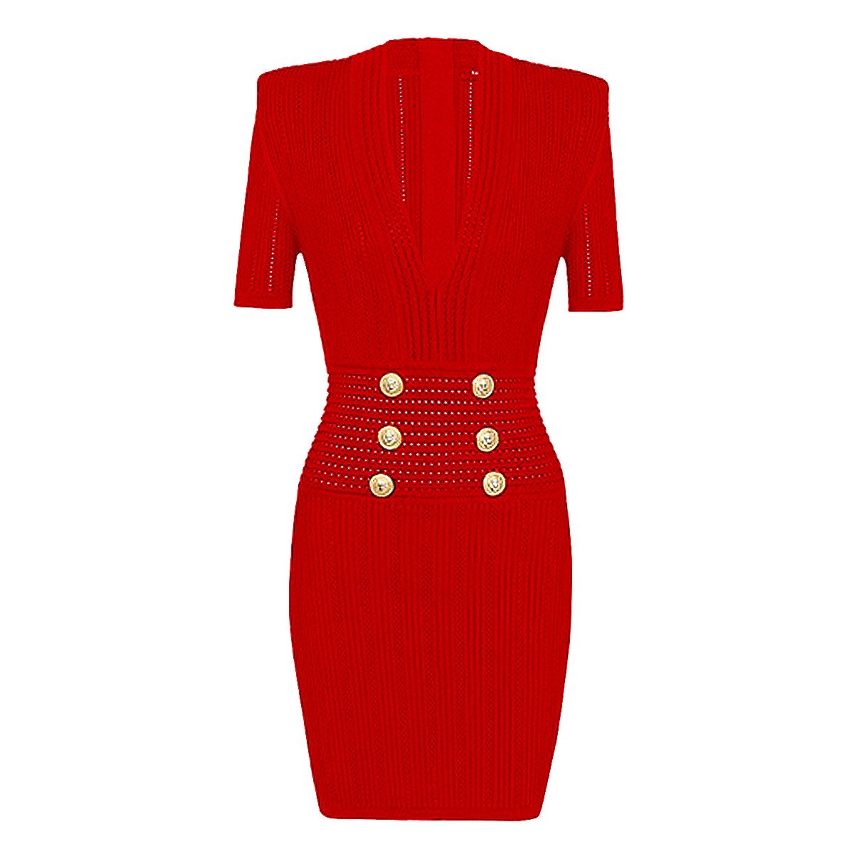 Knit Ribbed V-Neck Slim-Fit Short-Sleeved Dress - ALLARA