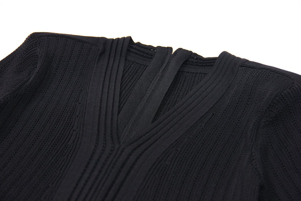 Knit Ribbed V-Neck Slim-Fit Short-Sleeved Dress - ALLARA