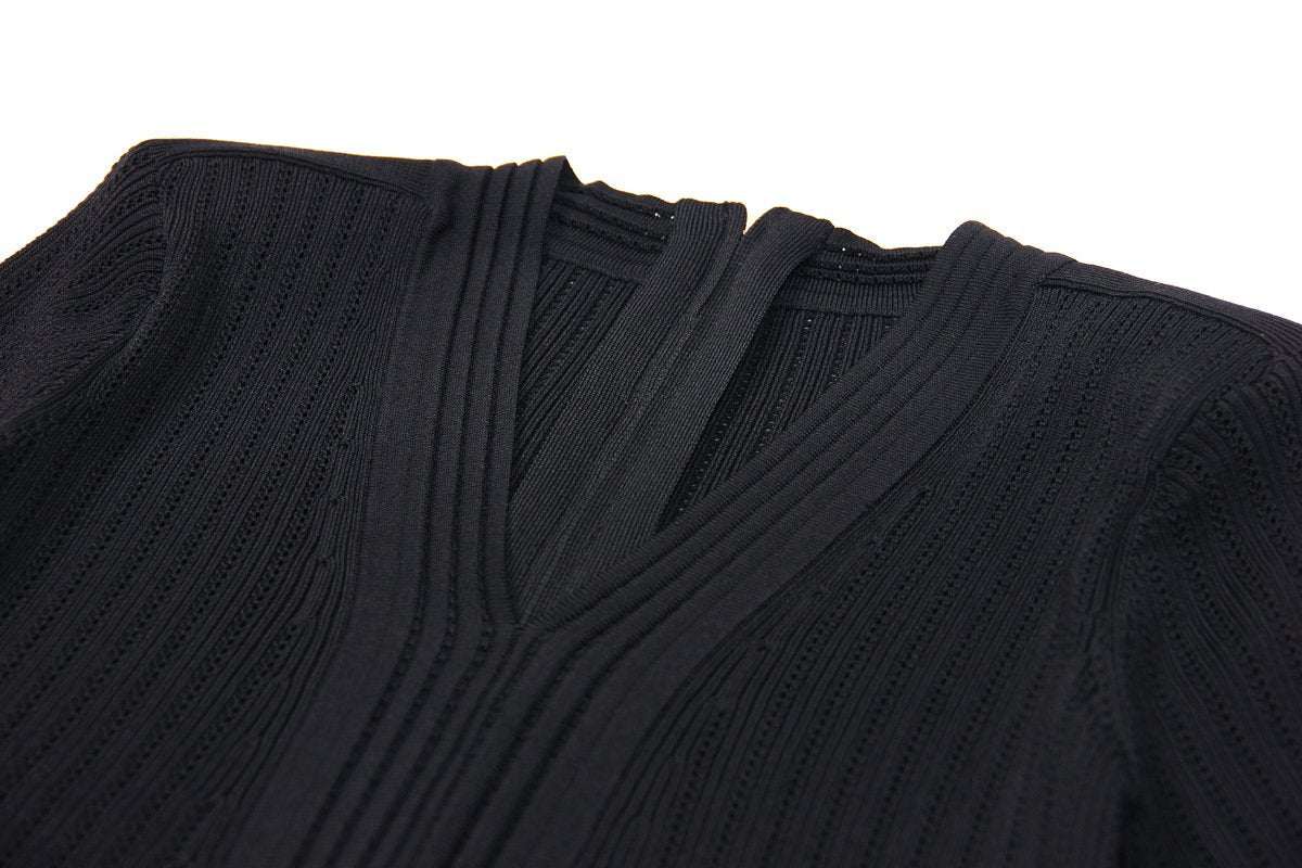 Knit Ribbed V-Neck Slim-Fit Short-Sleeved Dress - ALLARA