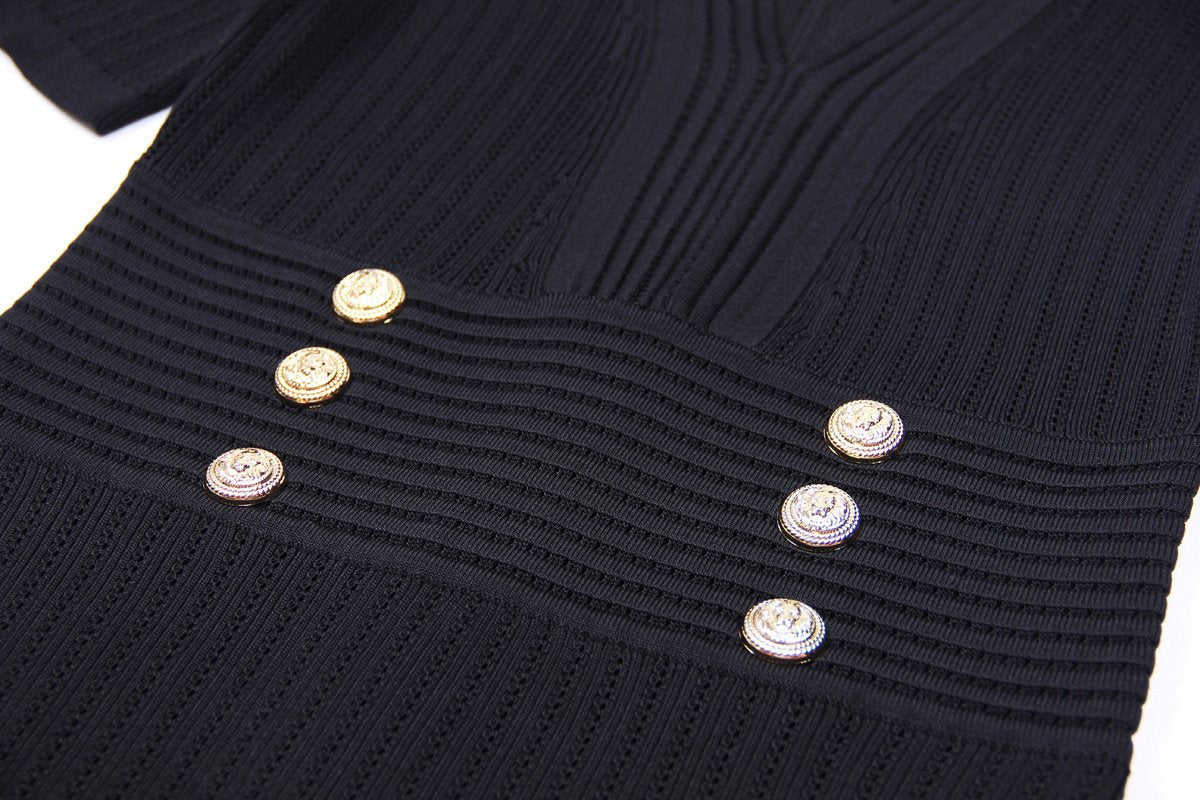 Knit Ribbed V-Neck Slim-Fit Short-Sleeved Dress - ALLARA