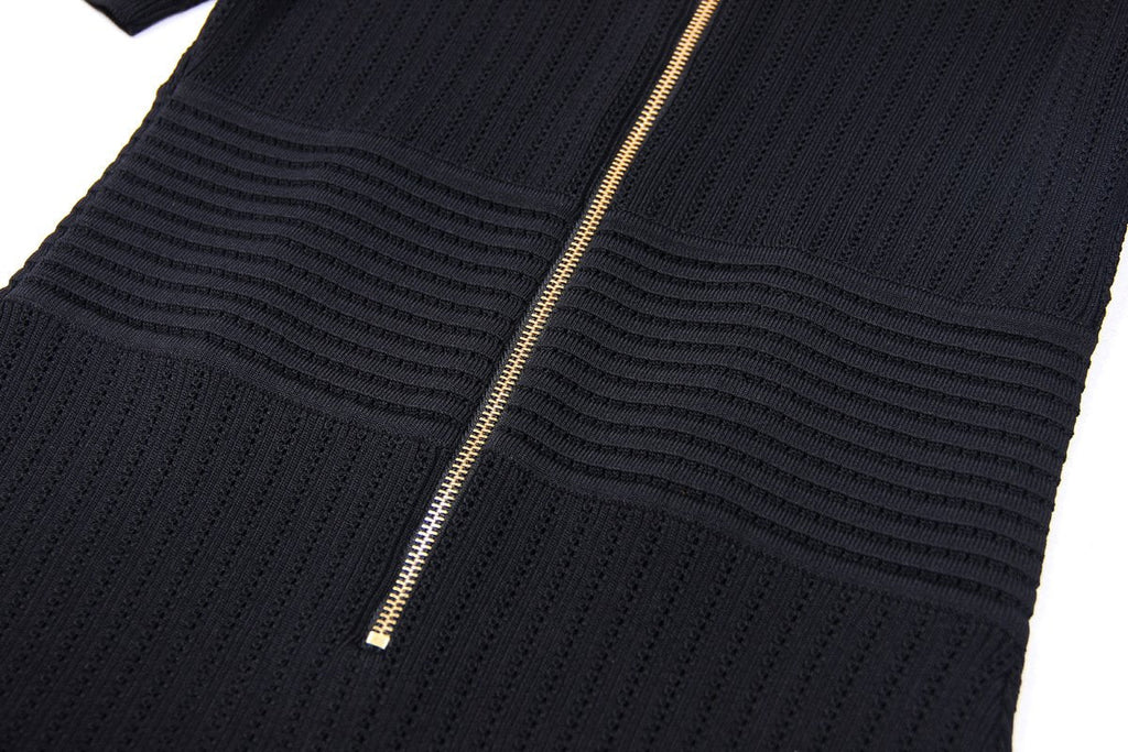 Knit Ribbed V-Neck Slim-Fit Short-Sleeved Dress - ALLARA