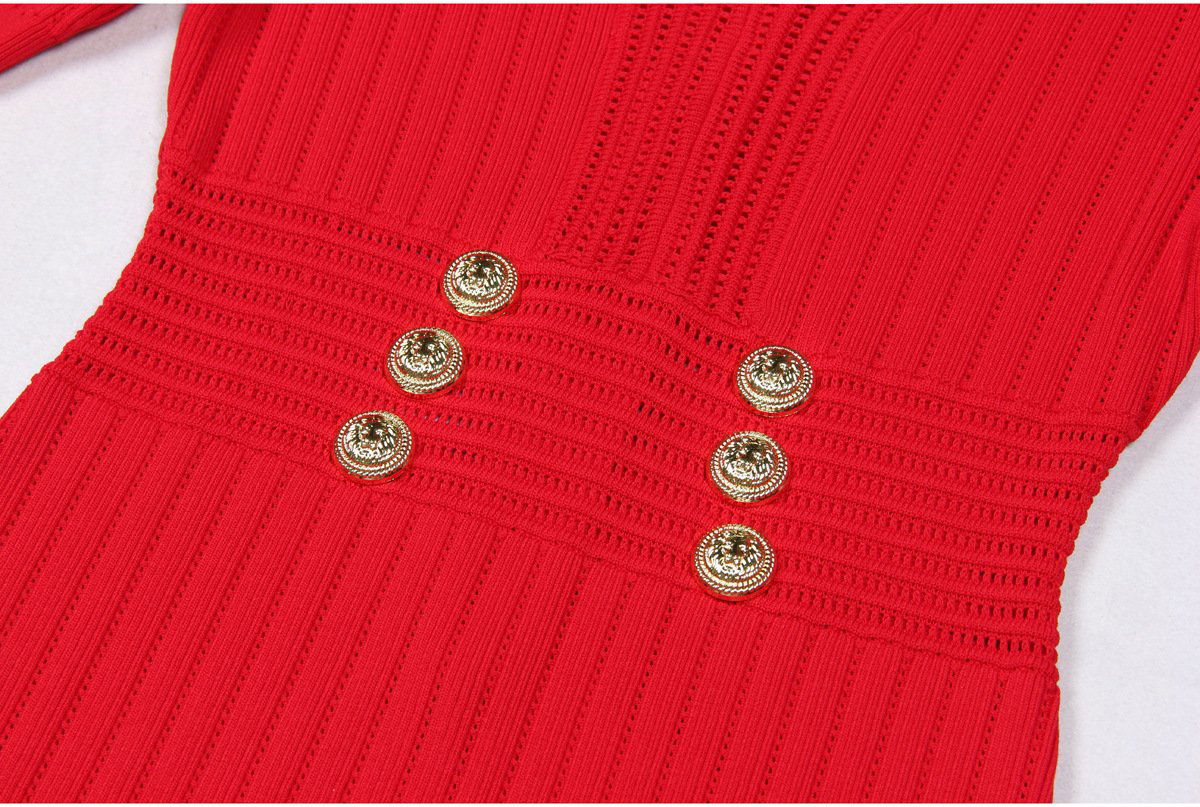 Knit Ribbed V-Neck Slim-Fit Short-Sleeved Dress - ALLARA