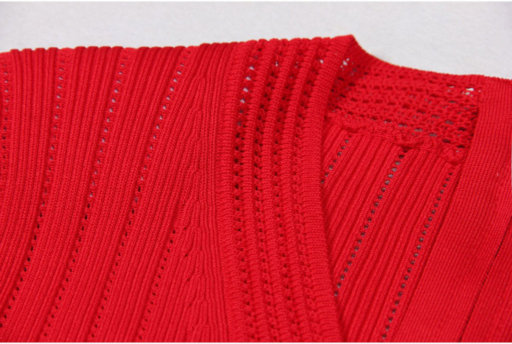 Knit Ribbed V-Neck Slim-Fit Short-Sleeved Dress - ALLARA