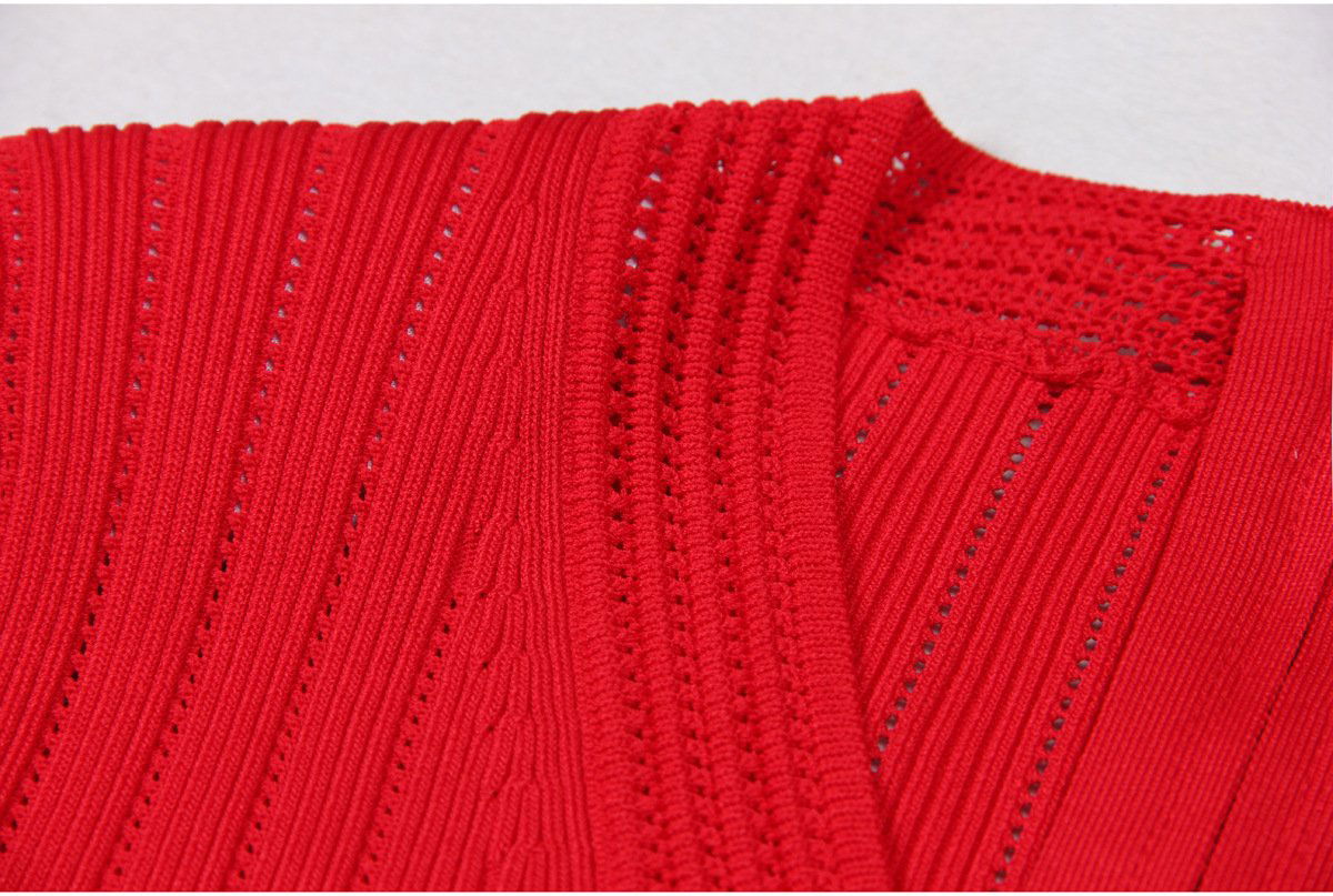 Knit Ribbed V-Neck Slim-Fit Short-Sleeved Dress - ALLARA