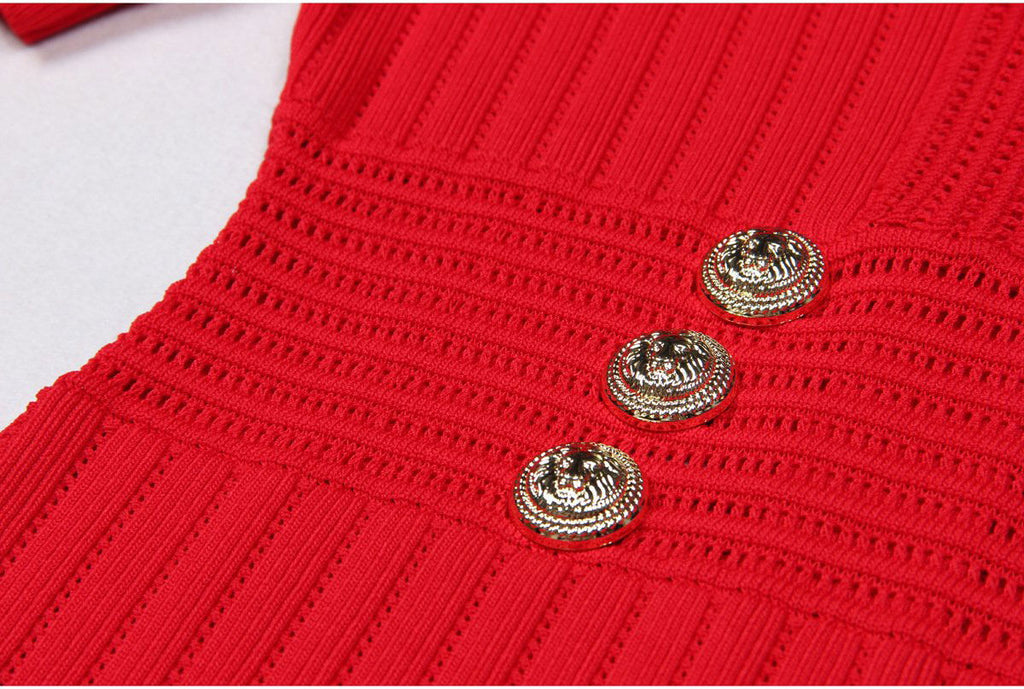 Knit Ribbed V-Neck Slim-Fit Short-Sleeved Dress - ALLARA