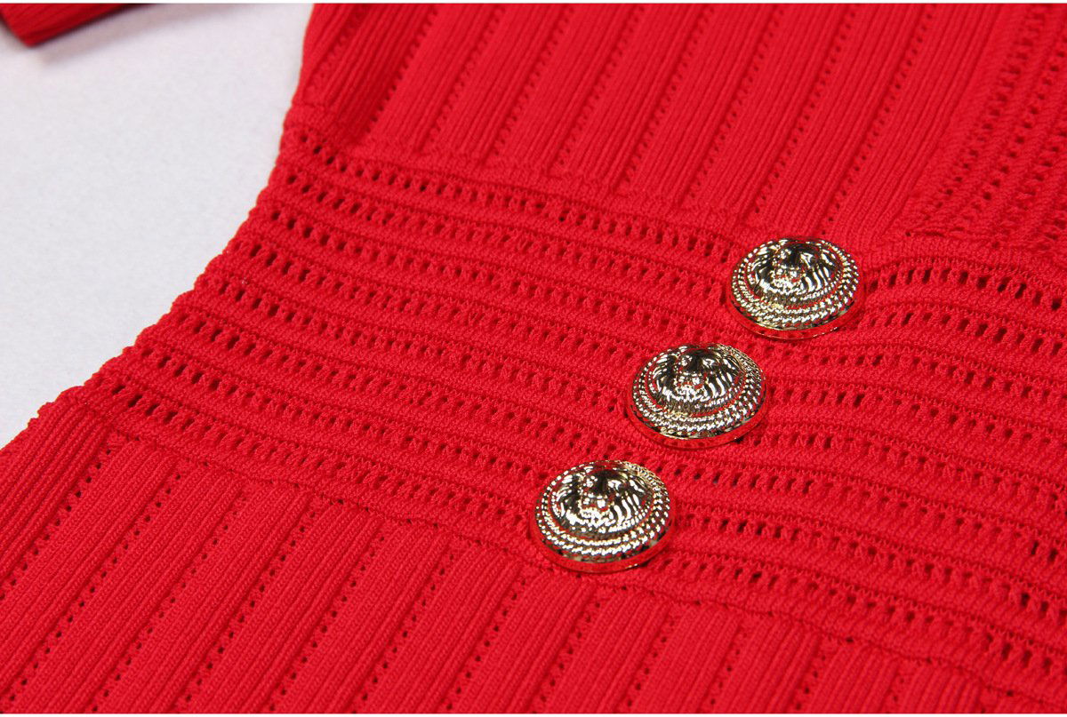 Knit Ribbed V-Neck Slim-Fit Short-Sleeved Dress - ALLARA