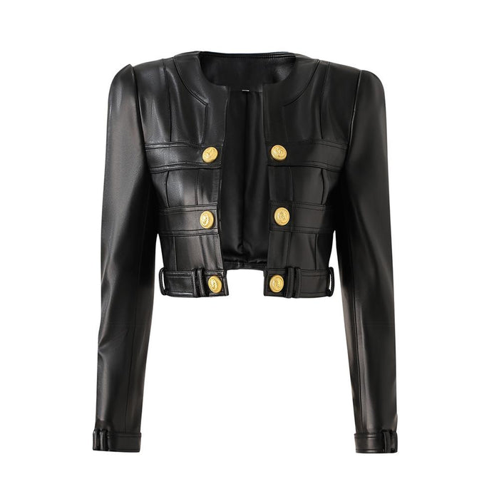 Larisa Black Cropped Faux Leather Jacket - ALLARA