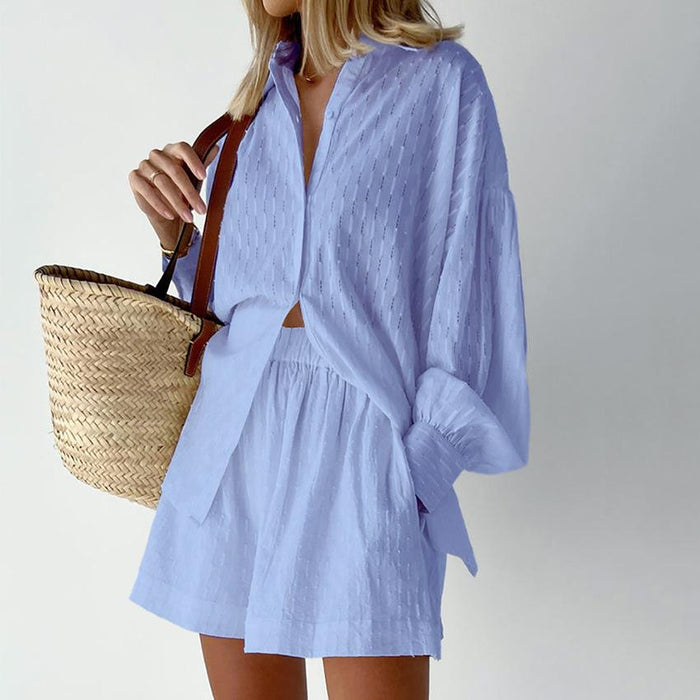 Lavinia Blue Puff Sleeve Shirt and Shorts Two Piece Set - ALLARA