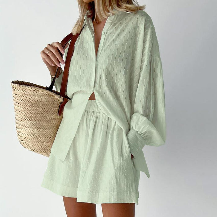 Lavinia Green Puff Sleeve Shirt and Shorts Two Piece Set - ALLARA