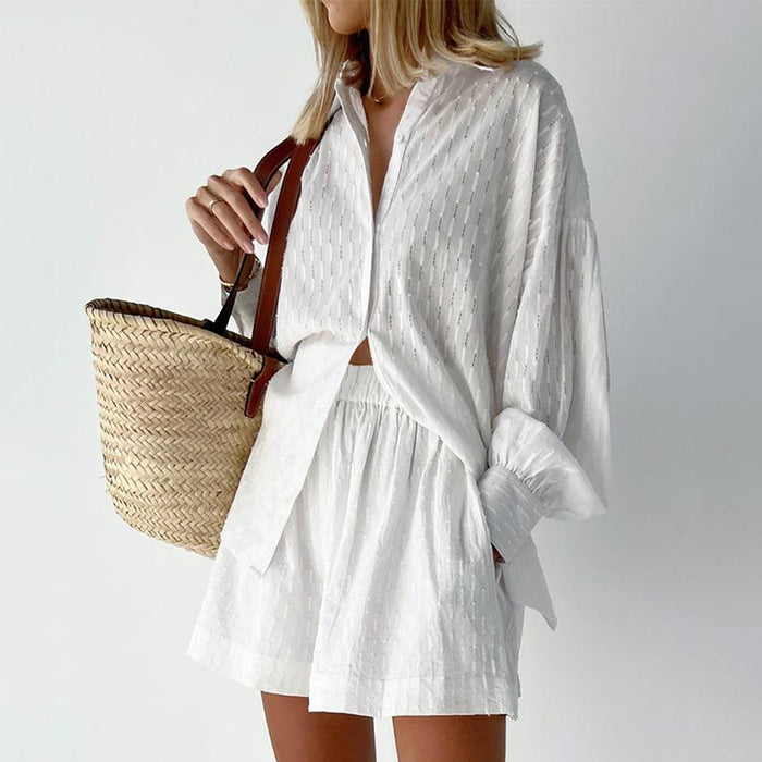 Lavinia White Puff Sleeve Shirt and Shorts Two Piece Set - ALLARA