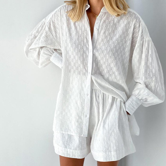 Lavinia White Puff Sleeve Shirt and Shorts Two Piece Set - ALLARA